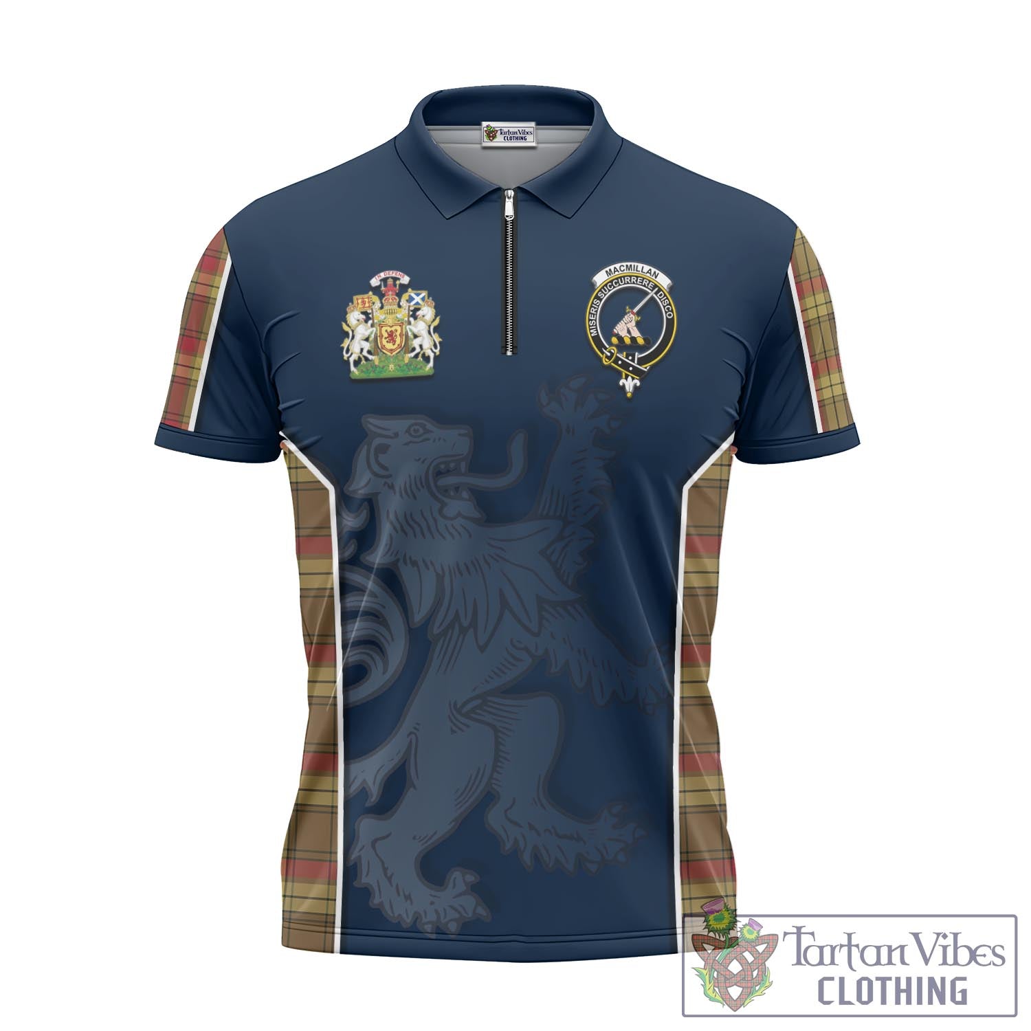 Tartan Vibes Clothing MacMillan Old Weathered Tartan Zipper Polo Shirt with Family Crest and Lion Rampant Vibes Sport Style