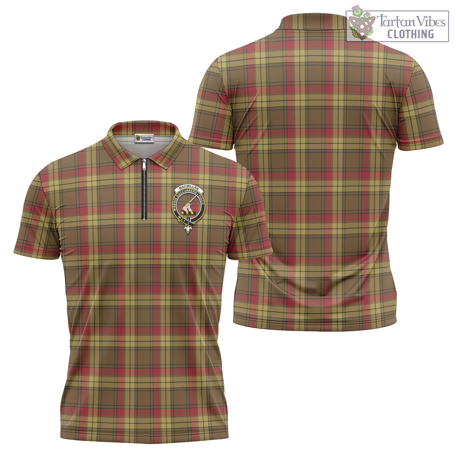 Tartan Vibes Clothing MacMillan Old Weathered Tartan Zipper Polo Shirt with Family Crest