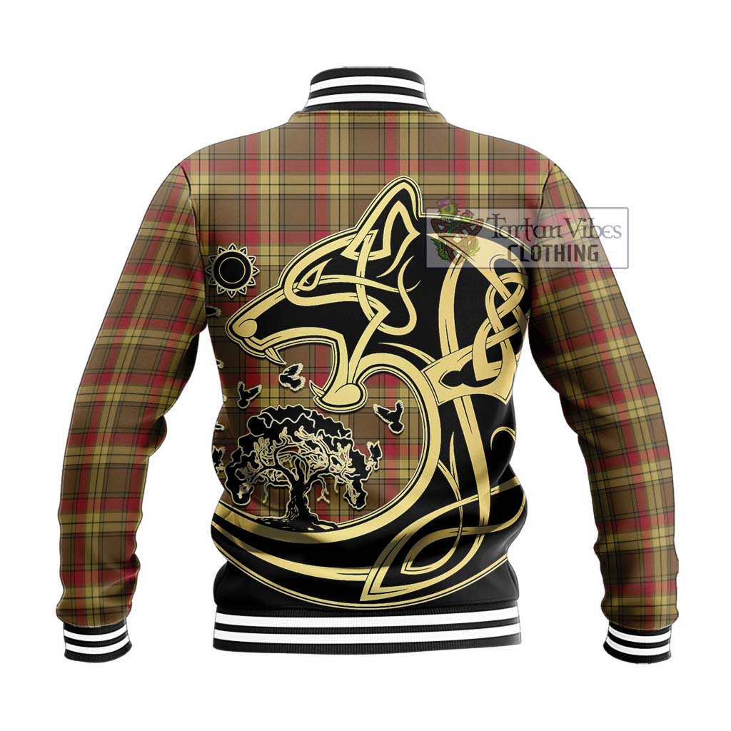 Tartan Vibes Clothing MacMillan Old Weathered Tartan Baseball Jacket with Family Crest Celtic Wolf Style