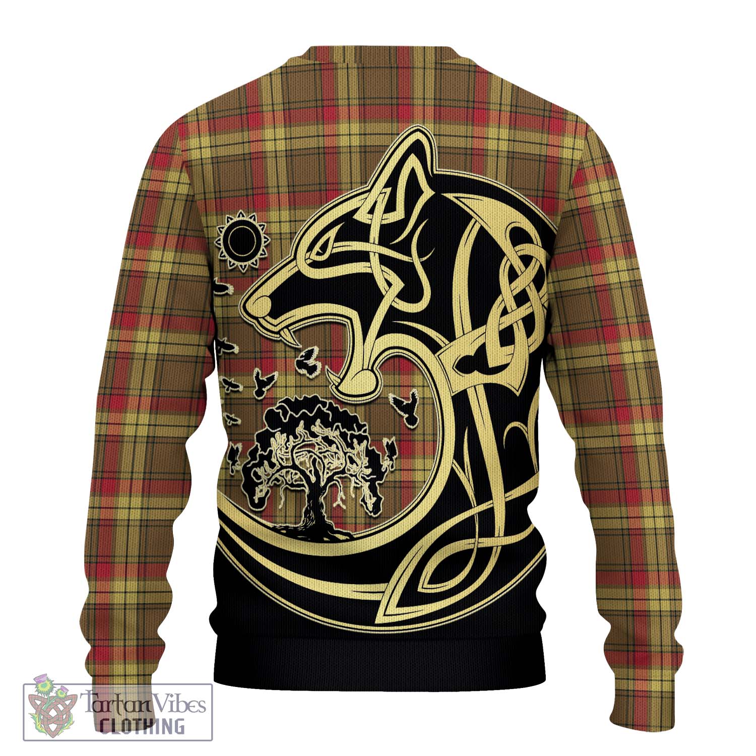 Tartan Vibes Clothing MacMillan Old Weathered Tartan Knitted Sweater with Family Crest Celtic Wolf Style