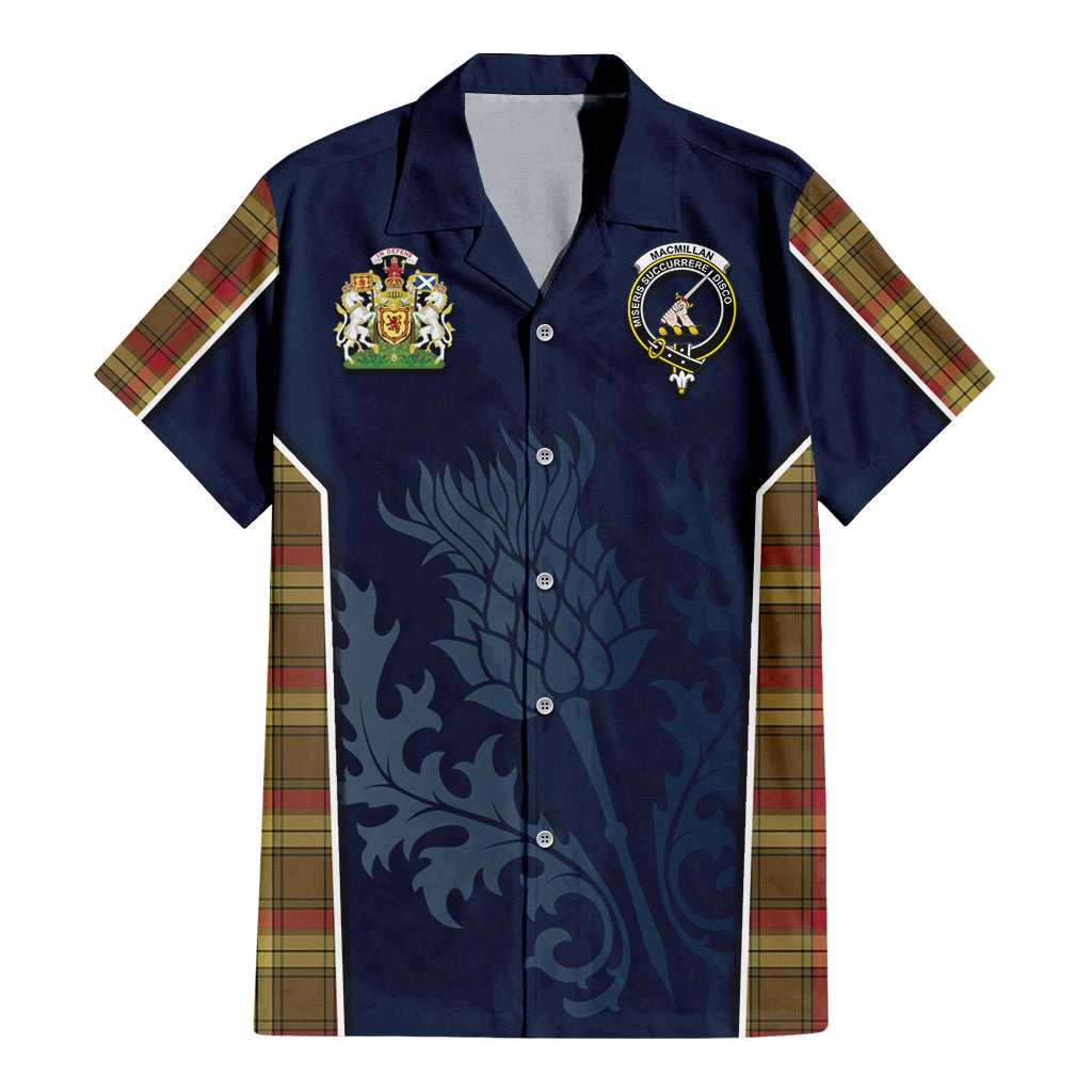 Tartan Vibes Clothing MacMillan Old Weathered Tartan Short Sleeve Button Up Shirt with Family Crest and Scottish Thistle Vibes Sport Style