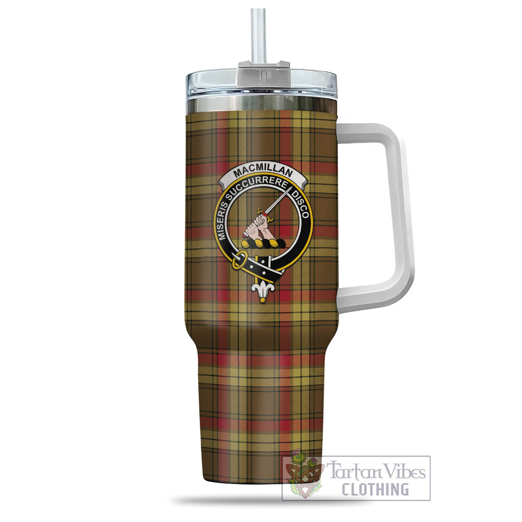 Tartan Vibes Clothing MacMillan Old Weathered Tartan and Family Crest Tumbler with Handle