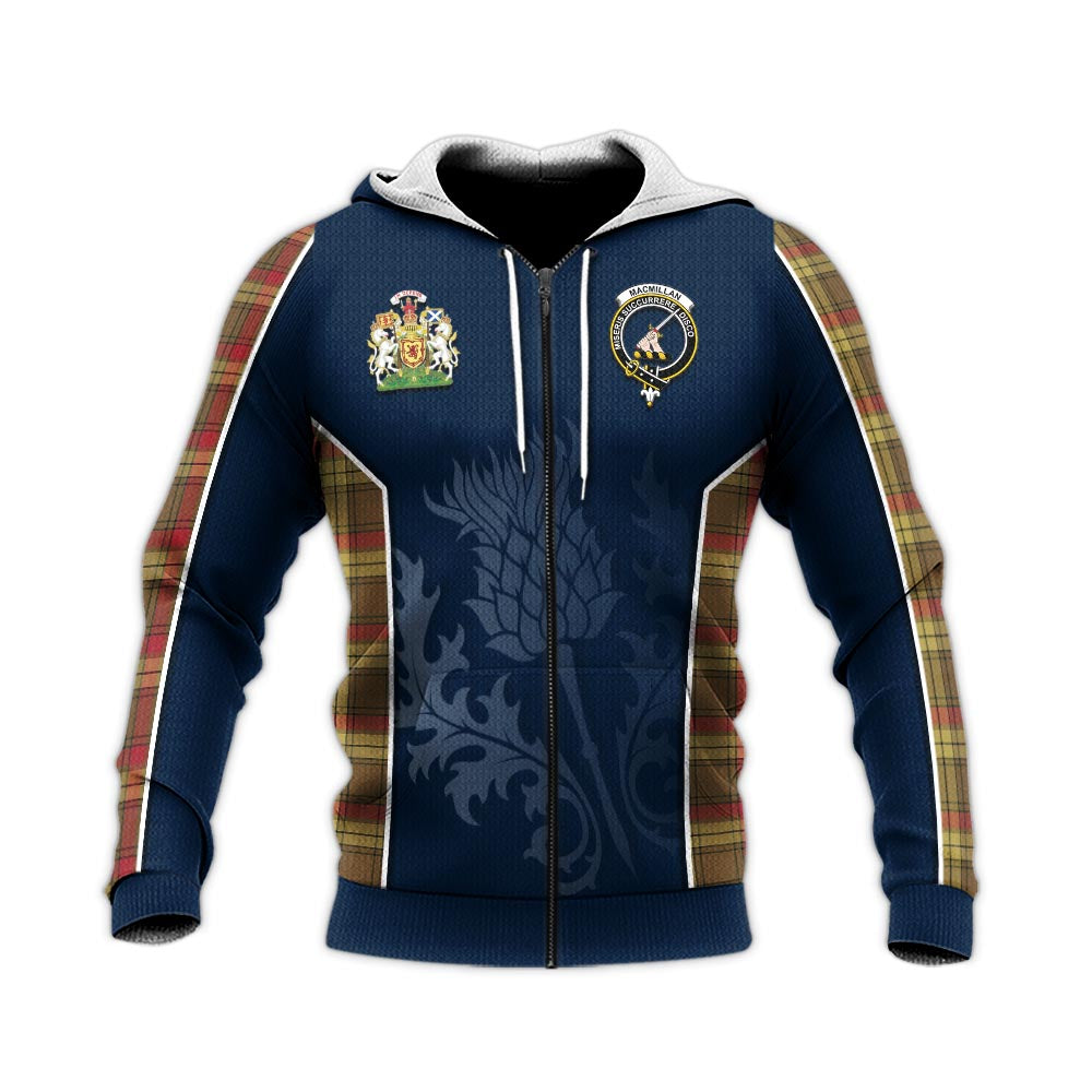 Tartan Vibes Clothing MacMillan Old Weathered Tartan Knitted Hoodie with Family Crest and Scottish Thistle Vibes Sport Style