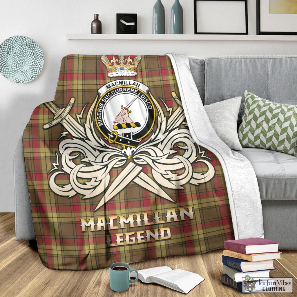 Tartan Vibes Clothing MacMillan Old Weathered Tartan Blanket with Clan Crest and the Golden Sword of Courageous Legacy