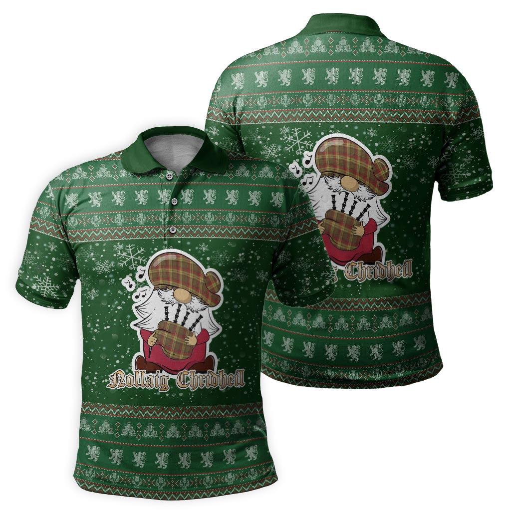 MacMillan Old Weathered Clan Christmas Family Polo Shirt with Funny Gnome Playing Bagpipes - Tartanvibesclothing
