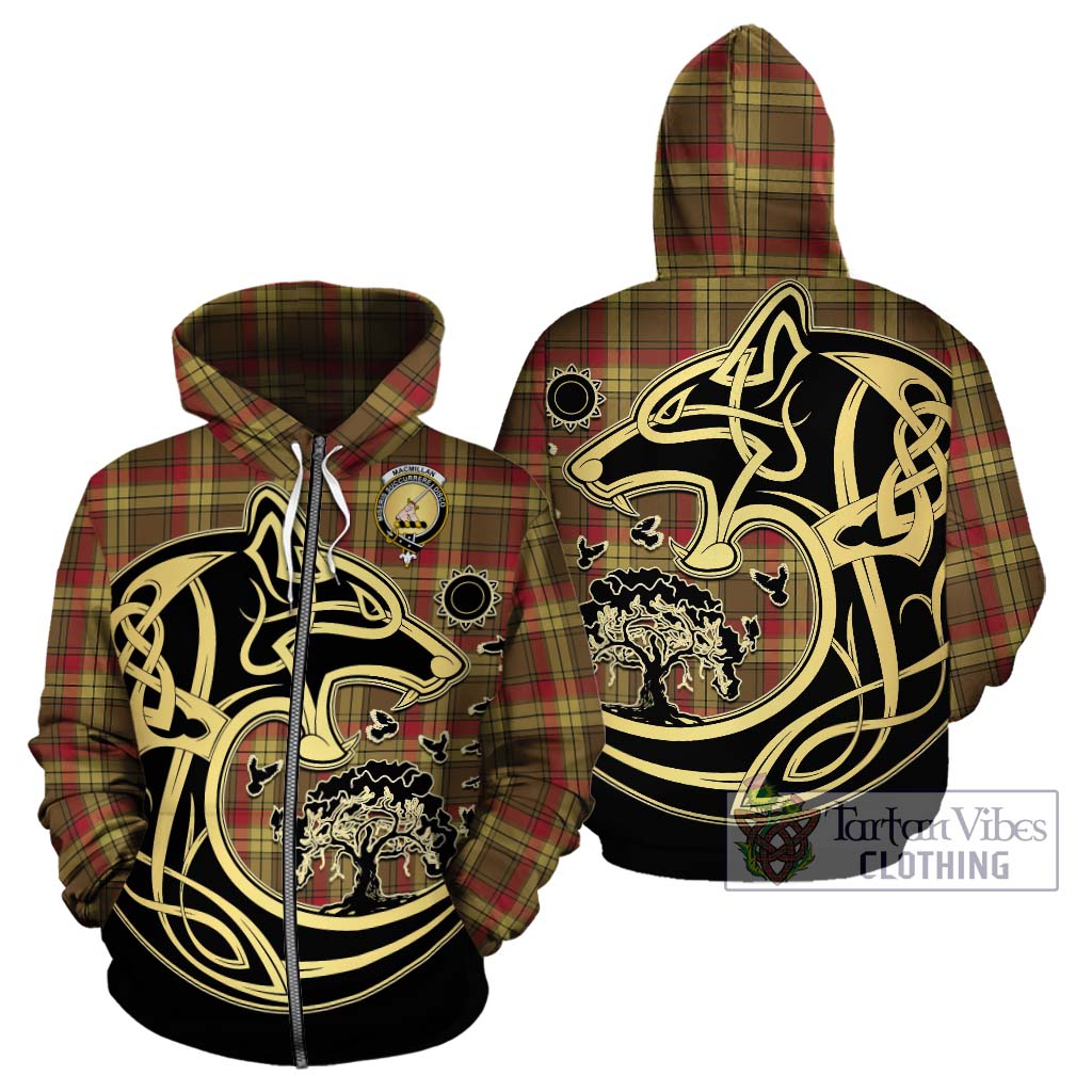 Tartan Vibes Clothing MacMillan Old Weathered Tartan Hoodie with Family Crest Celtic Wolf Style