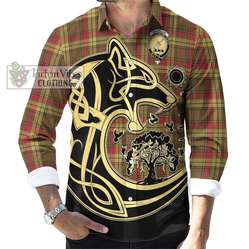 Tartan Vibes Clothing MacMillan Old Weathered Tartan Long Sleeve Button Shirt with Family Crest Celtic Wolf Style