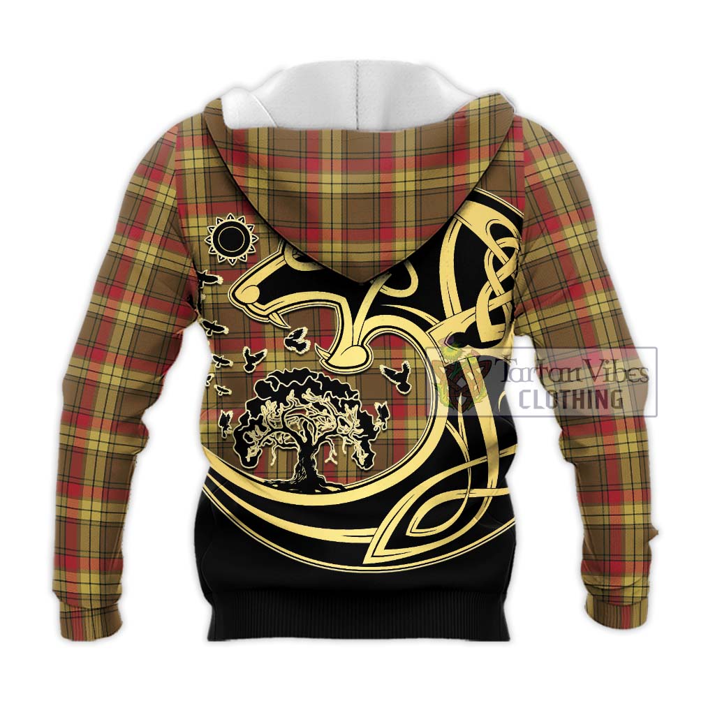 Tartan Vibes Clothing MacMillan Old Weathered Tartan Knitted Hoodie with Family Crest Celtic Wolf Style