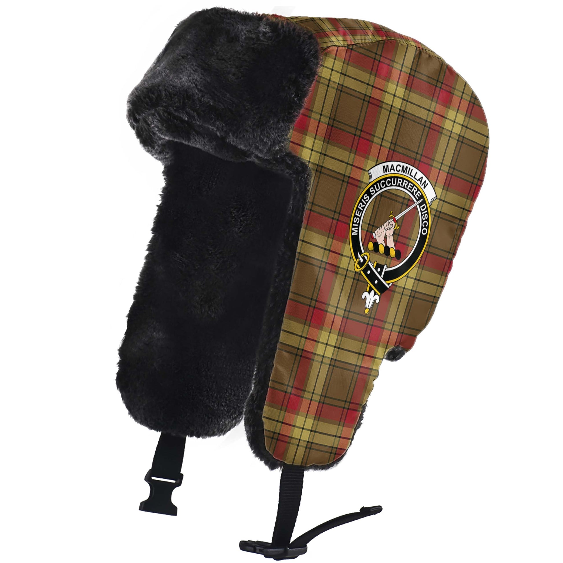 MacMillan Old Weathered Tartan Winter Trapper Hat with Family Crest - Tartanvibesclothing