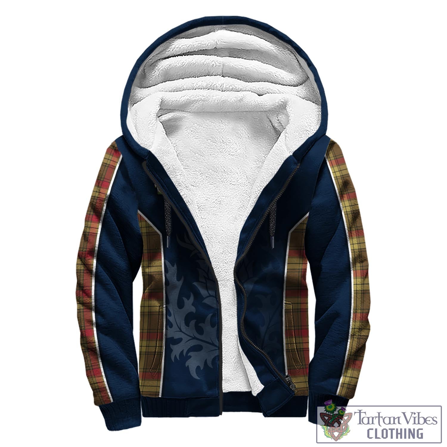 Tartan Vibes Clothing MacMillan Old Weathered Tartan Sherpa Hoodie with Family Crest and Scottish Thistle Vibes Sport Style