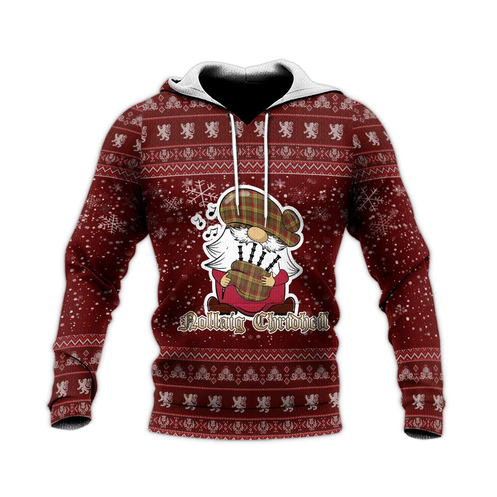 MacMillan Old Weathered Clan Christmas Knitted Hoodie with Funny Gnome Playing Bagpipes - Tartanvibesclothing