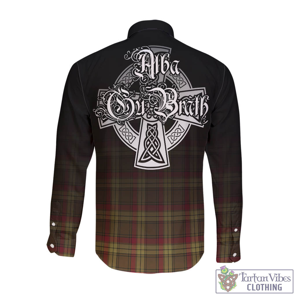 Tartan Vibes Clothing MacMillan Old Weathered Tartan Long Sleeve Button Up Featuring Alba Gu Brath Family Crest Celtic Inspired