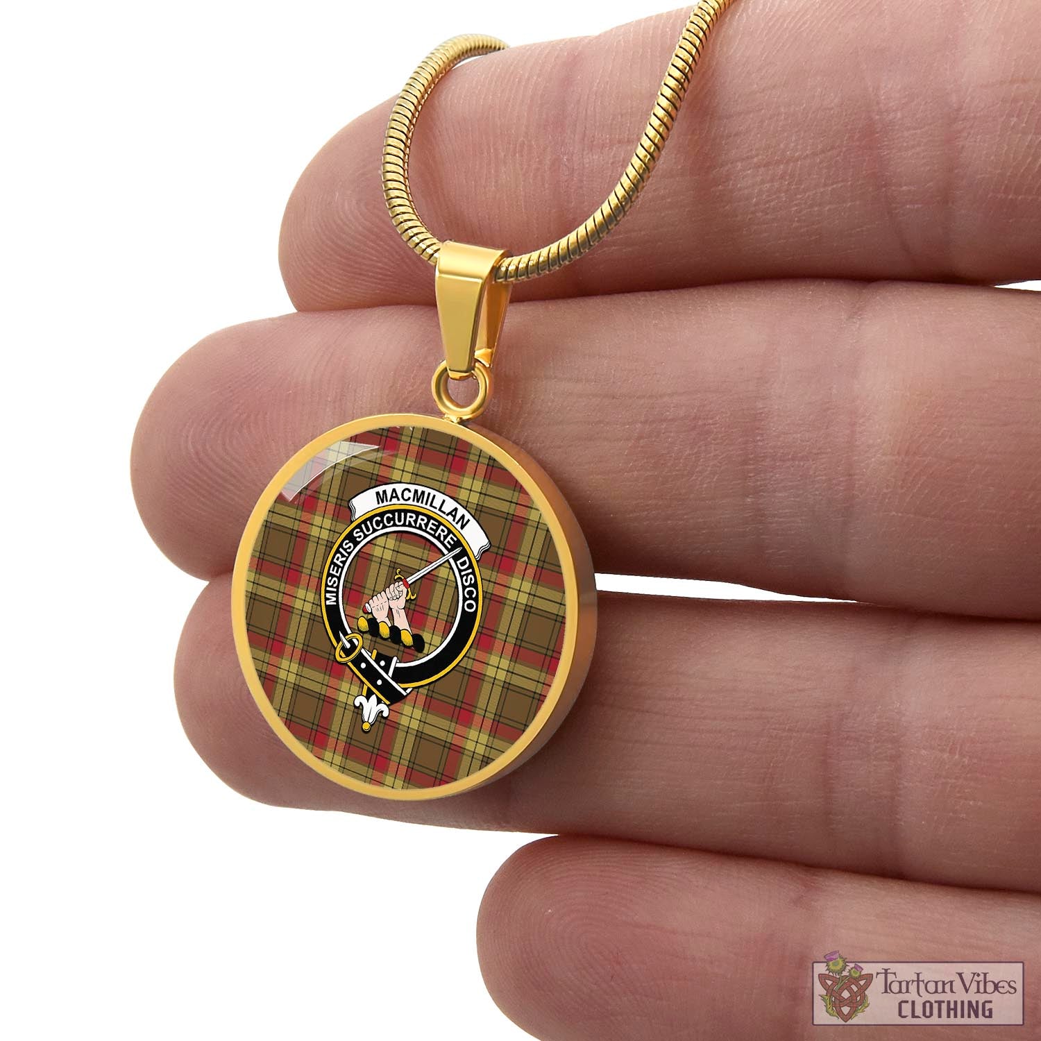 Tartan Vibes Clothing MacMillan Old Weathered Tartan Circle Necklace with Family Crest