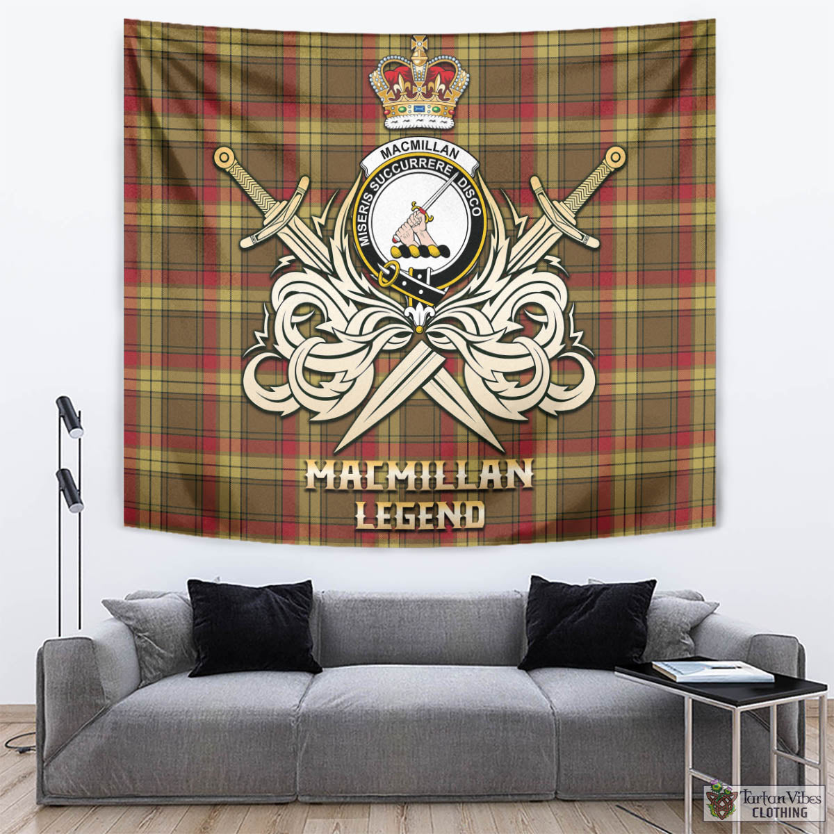 Tartan Vibes Clothing MacMillan Old Weathered Tartan Tapestry with Clan Crest and the Golden Sword of Courageous Legacy