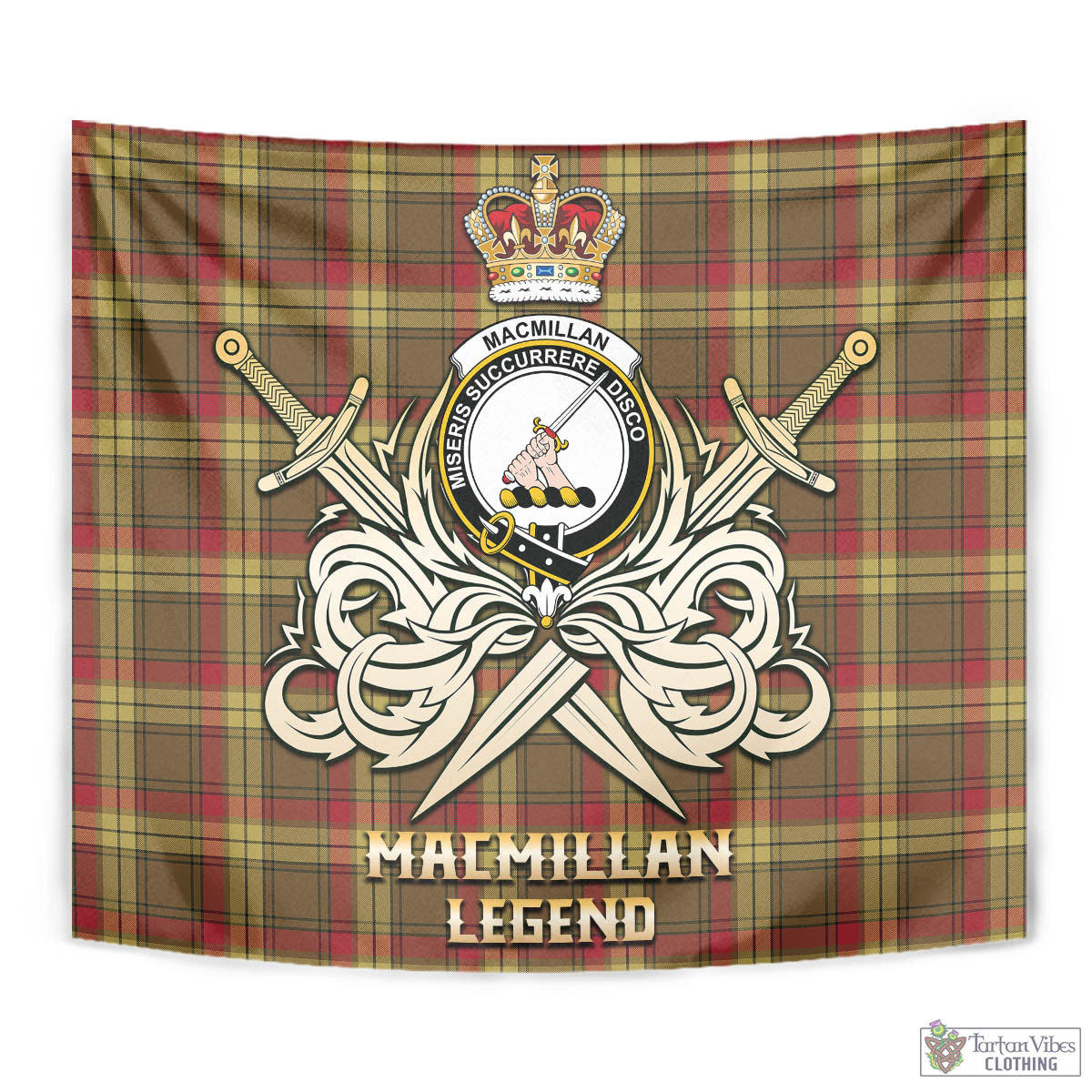 Tartan Vibes Clothing MacMillan Old Weathered Tartan Tapestry with Clan Crest and the Golden Sword of Courageous Legacy