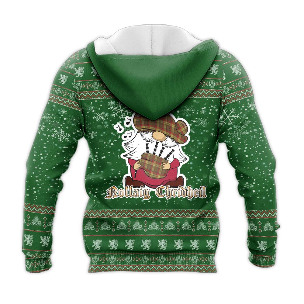 MacMillan Old Weathered Clan Christmas Knitted Hoodie with Funny Gnome Playing Bagpipes - Tartanvibesclothing