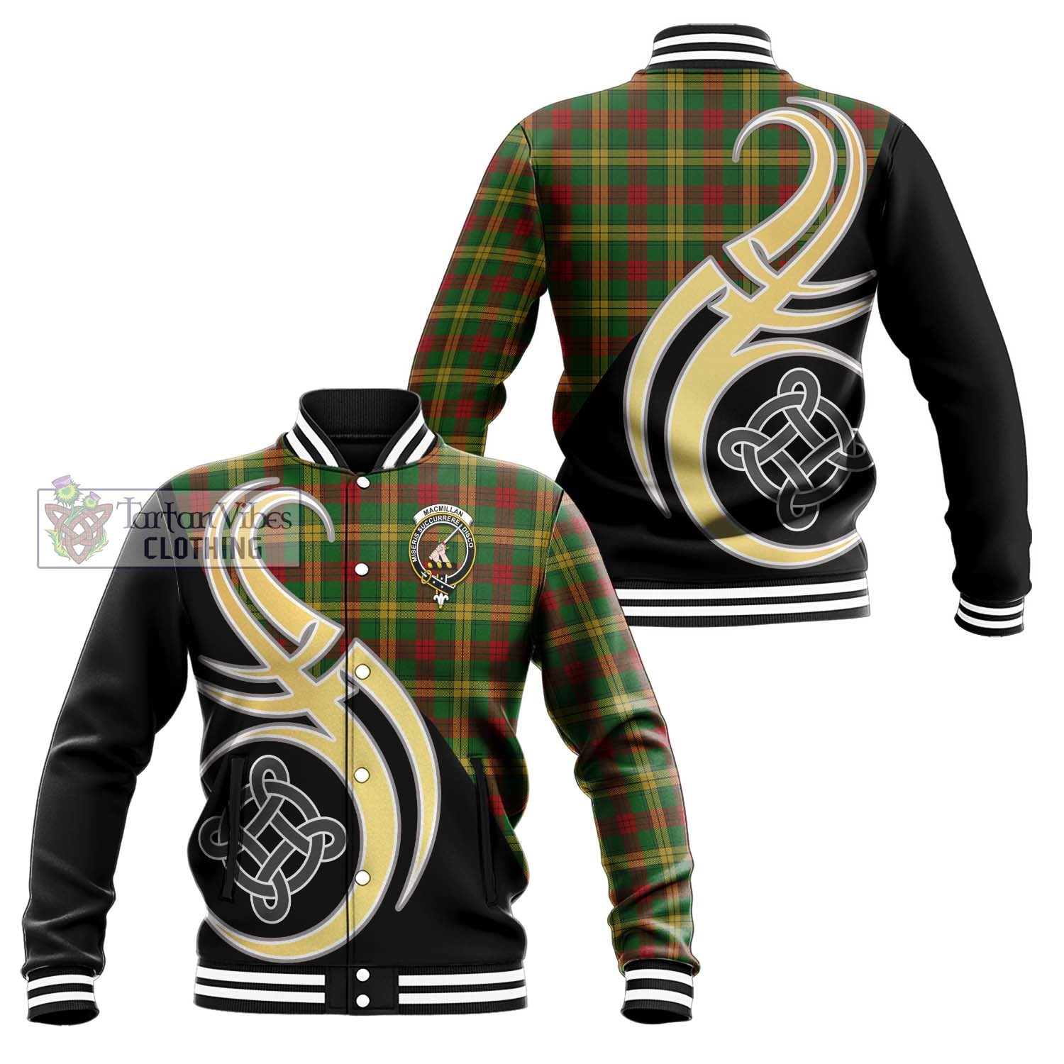 MacMillan Society of Glasgow Tartan Baseball Jacket with Family Crest and Celtic Symbol Style Unisex - Tartan Vibes Clothing