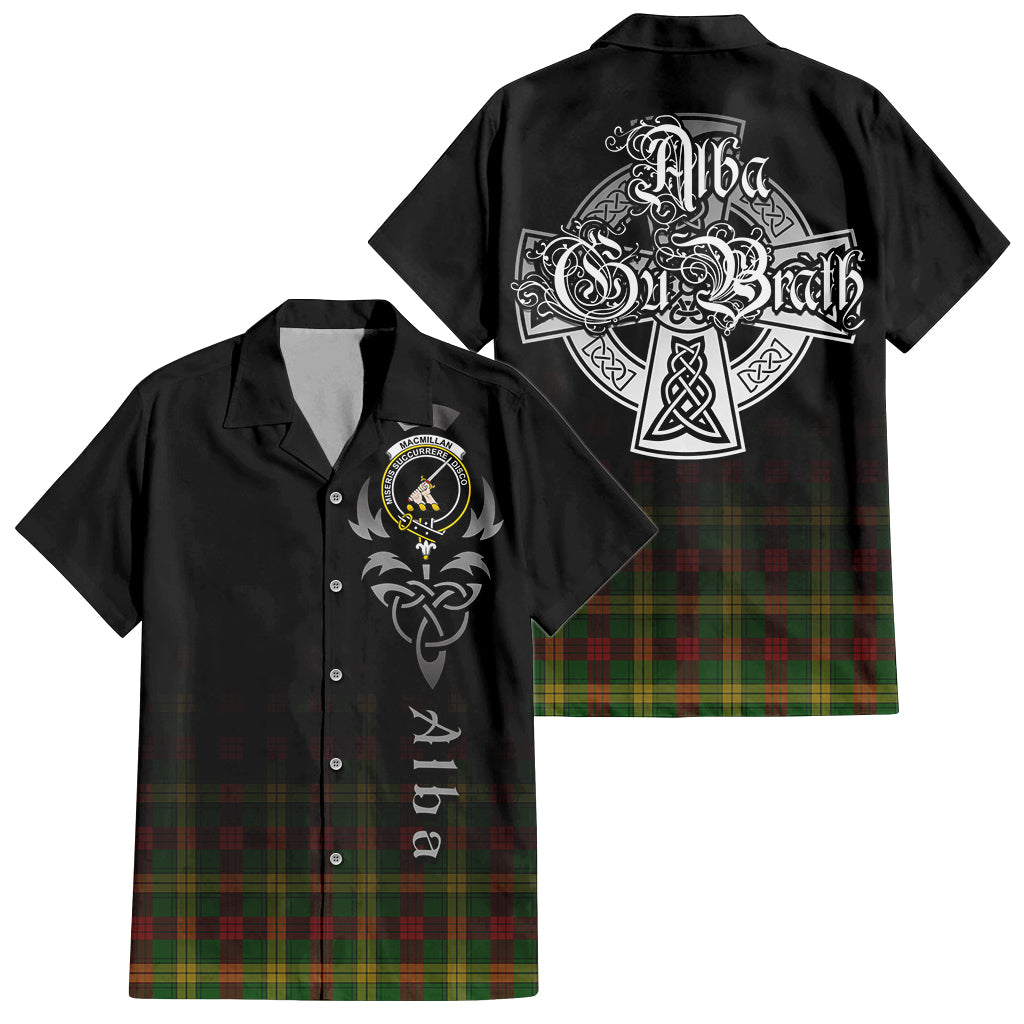 Tartan Vibes Clothing MacMillan Society of Glasgow Tartan Short Sleeve Button Up Featuring Alba Gu Brath Family Crest Celtic Inspired