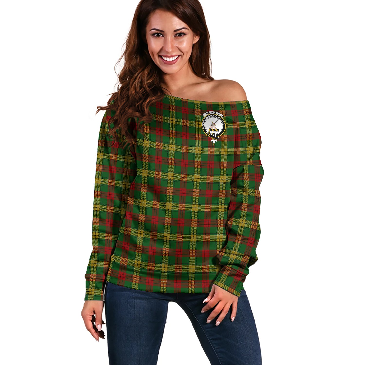 MacMillan Society of Glasgow Tartan Off Shoulder Women Sweater with Family Crest Women - Tartanvibesclothing