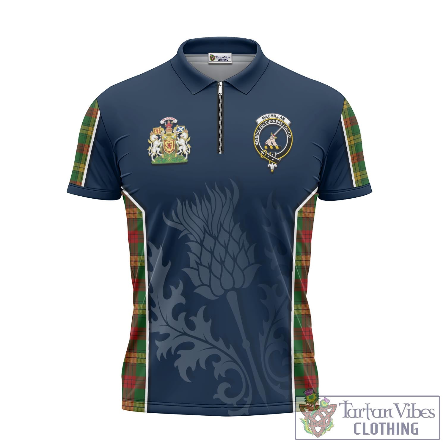 Tartan Vibes Clothing MacMillan Society of Glasgow Tartan Zipper Polo Shirt with Family Crest and Scottish Thistle Vibes Sport Style