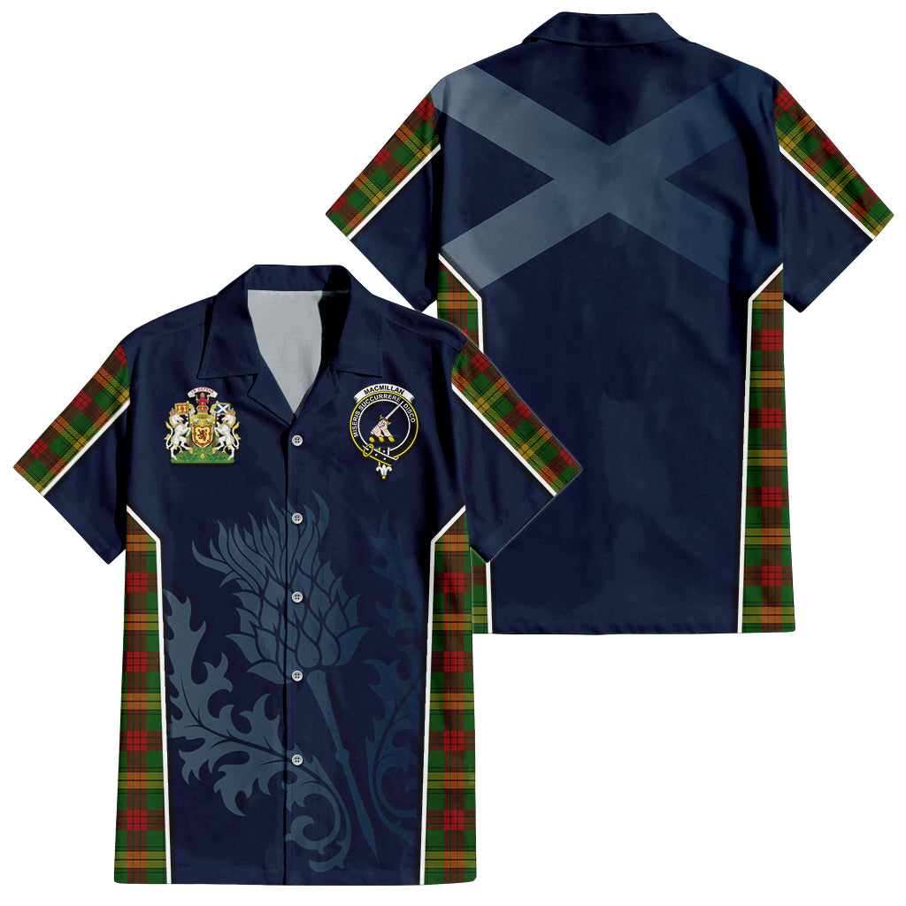 Tartan Vibes Clothing MacMillan Society of Glasgow Tartan Short Sleeve Button Up Shirt with Family Crest and Scottish Thistle Vibes Sport Style