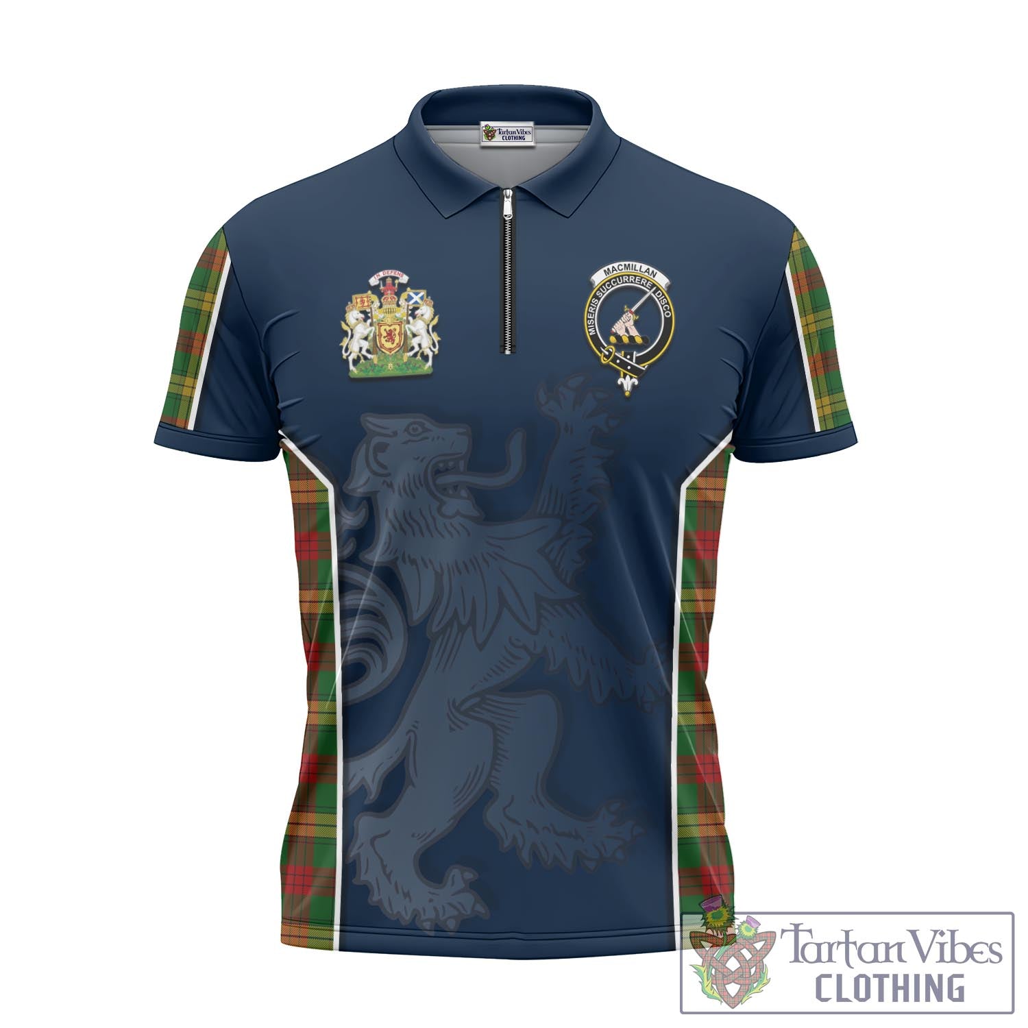 Tartan Vibes Clothing MacMillan Society of Glasgow Tartan Zipper Polo Shirt with Family Crest and Lion Rampant Vibes Sport Style