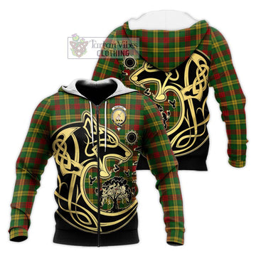 MacMillan Society of Glasgow Tartan Knitted Hoodie with Family Crest Celtic Wolf Style