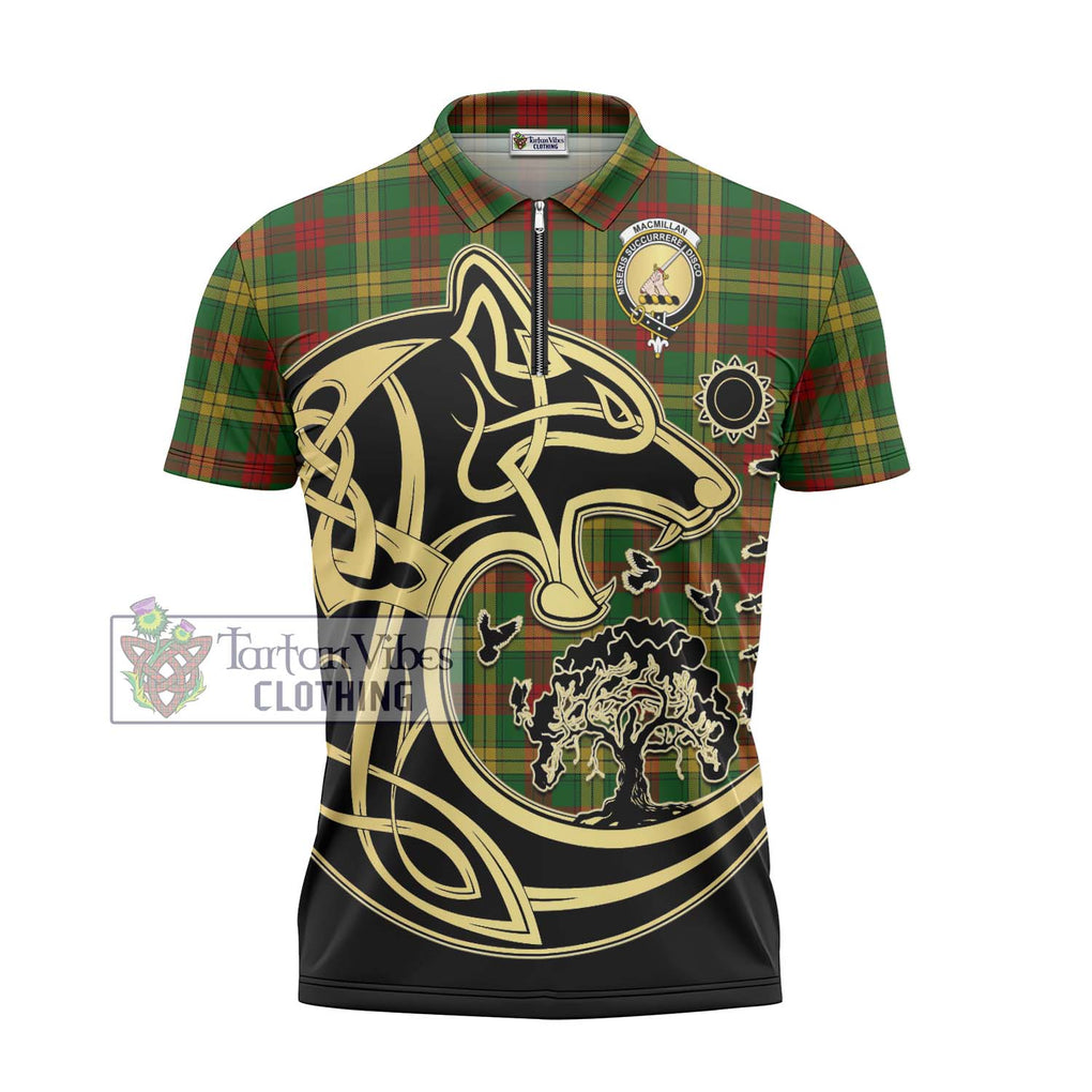 MacMillan Society of Glasgow Tartan Zipper Polo Shirt with Family Crest Celtic Wolf Style - Tartanvibesclothing Shop