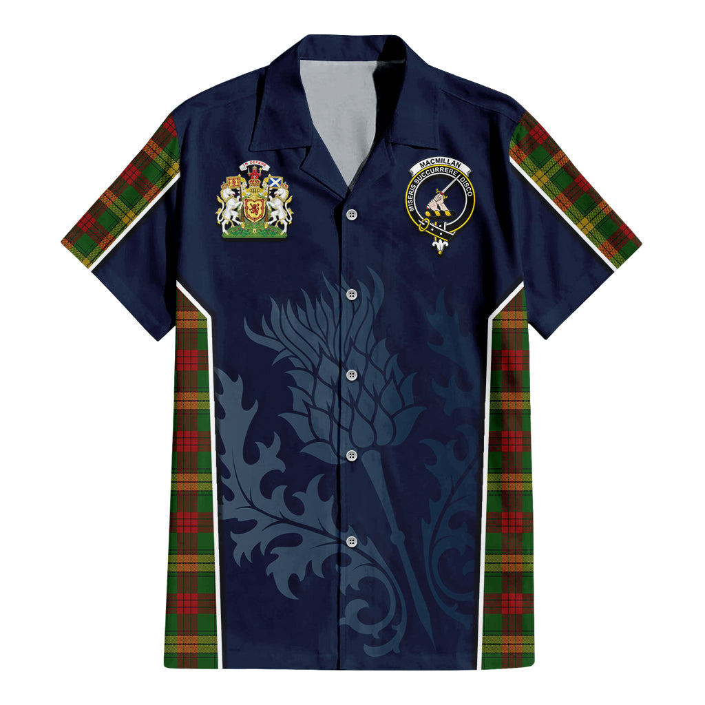 Tartan Vibes Clothing MacMillan Society of Glasgow Tartan Short Sleeve Button Up Shirt with Family Crest and Scottish Thistle Vibes Sport Style