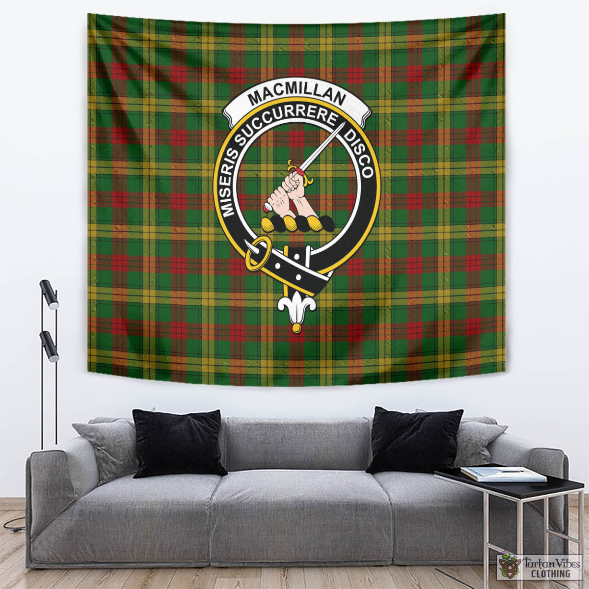 Tartan Vibes Clothing MacMillan Society of Glasgow Tartan Tapestry Wall Hanging and Home Decor for Room with Family Crest