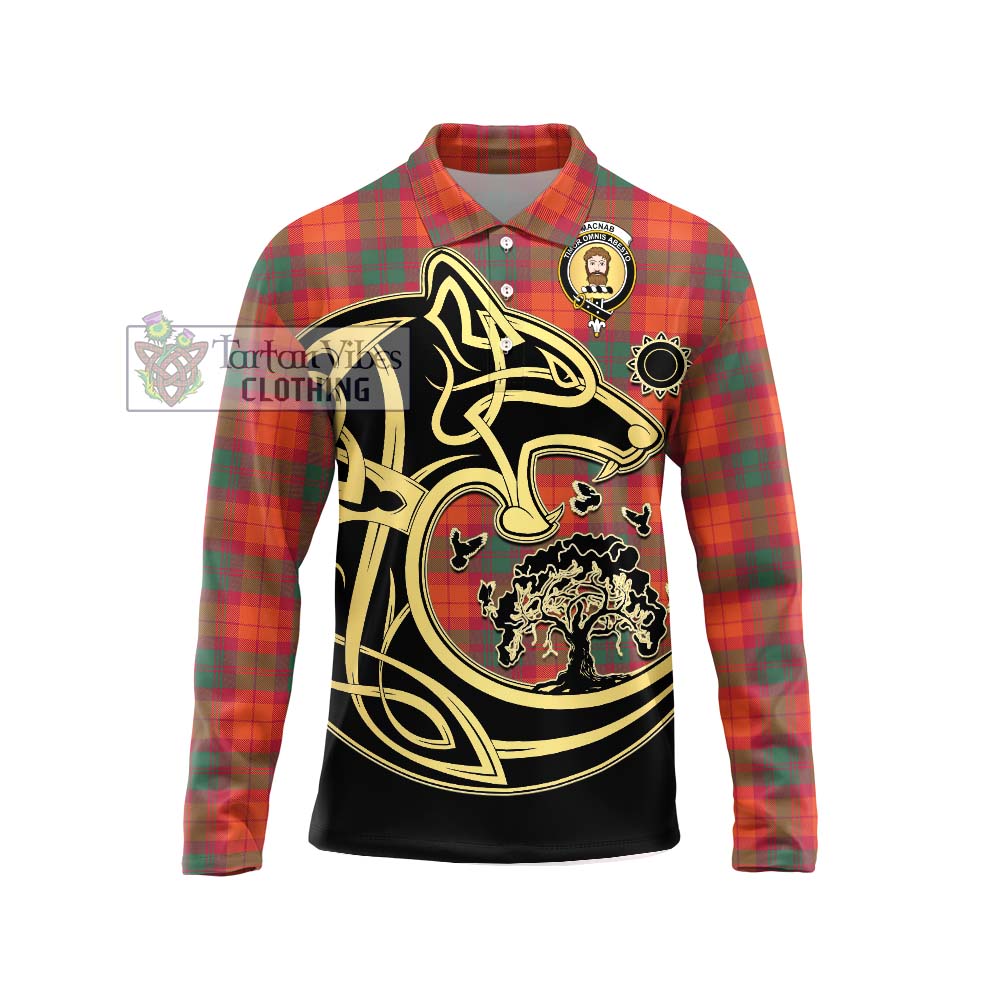 MacNab Ancient Tartan Long Sleeve Polo Shirt with Family Crest Celtic Wolf Style Unisex - Tartanvibesclothing Shop