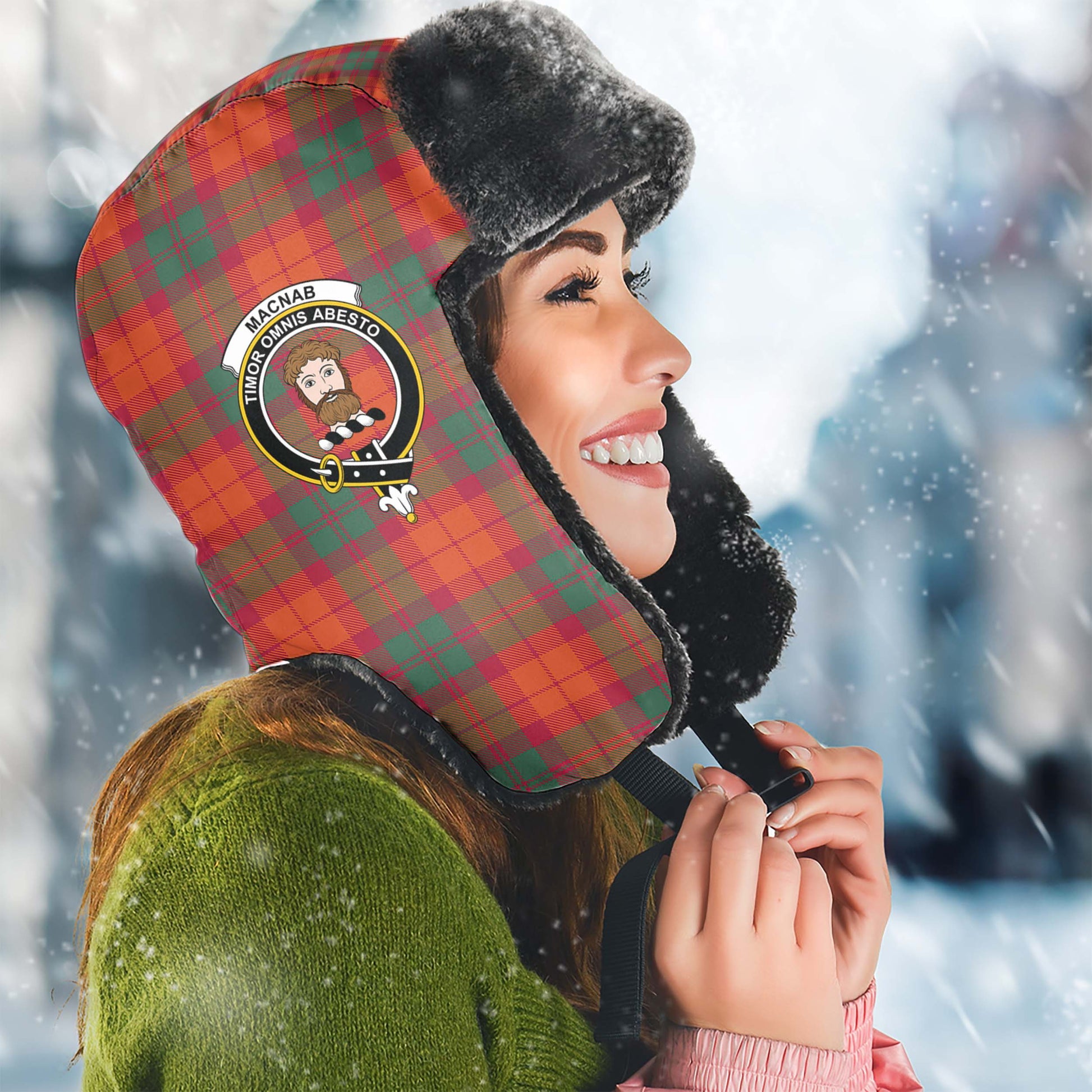 MacNab Ancient Tartan Winter Trapper Hat with Family Crest Winter Trapper Hat Universal Fit Circumference 22.8in (58cm) - Tartanvibesclothing