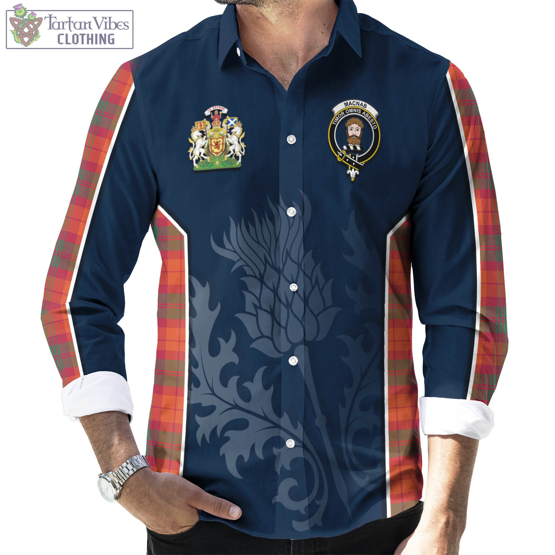 Tartan Vibes Clothing MacNab Ancient Tartan Long Sleeve Button Up Shirt with Family Crest and Scottish Thistle Vibes Sport Style