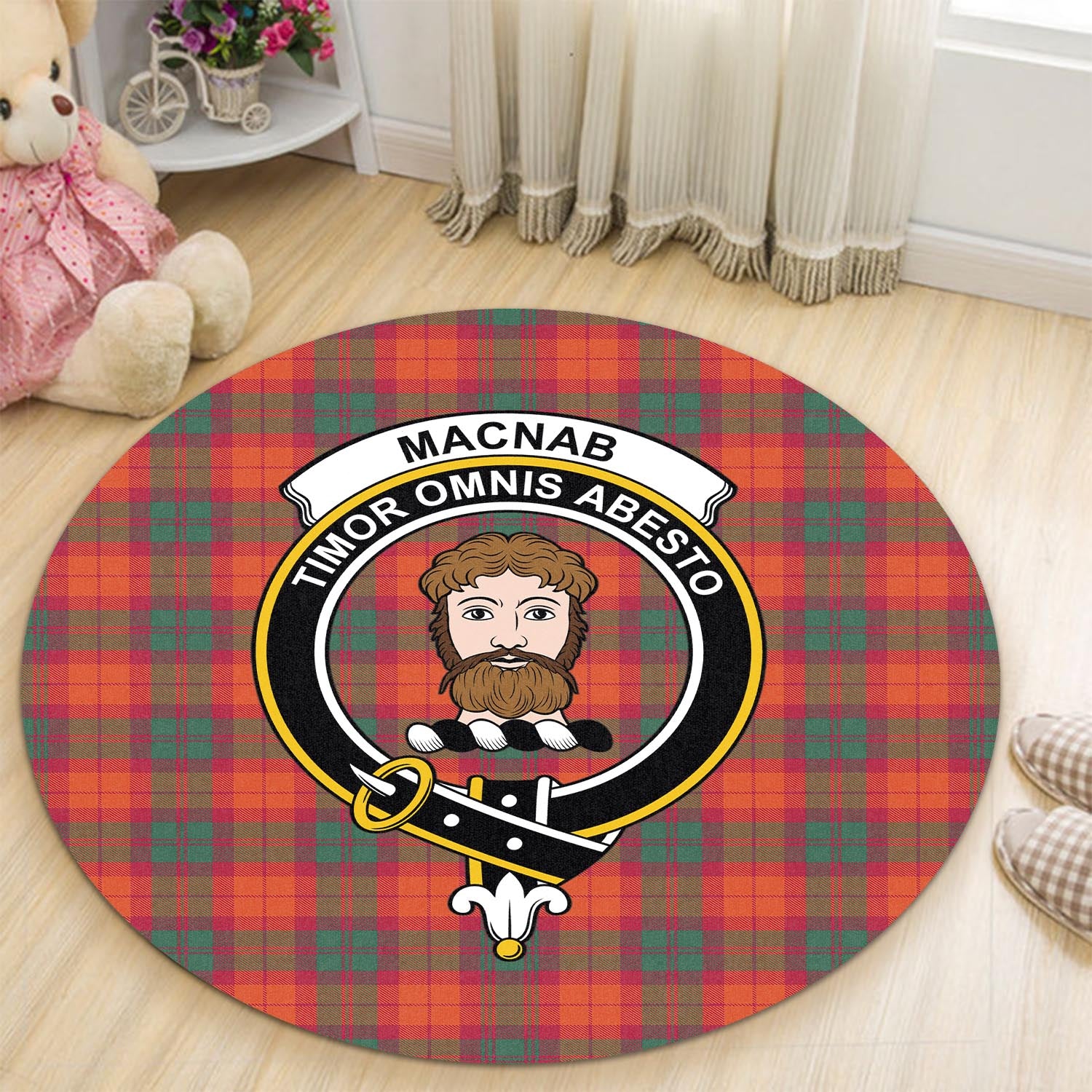 macnab-ancient-tartan-round-rug-with-family-crest