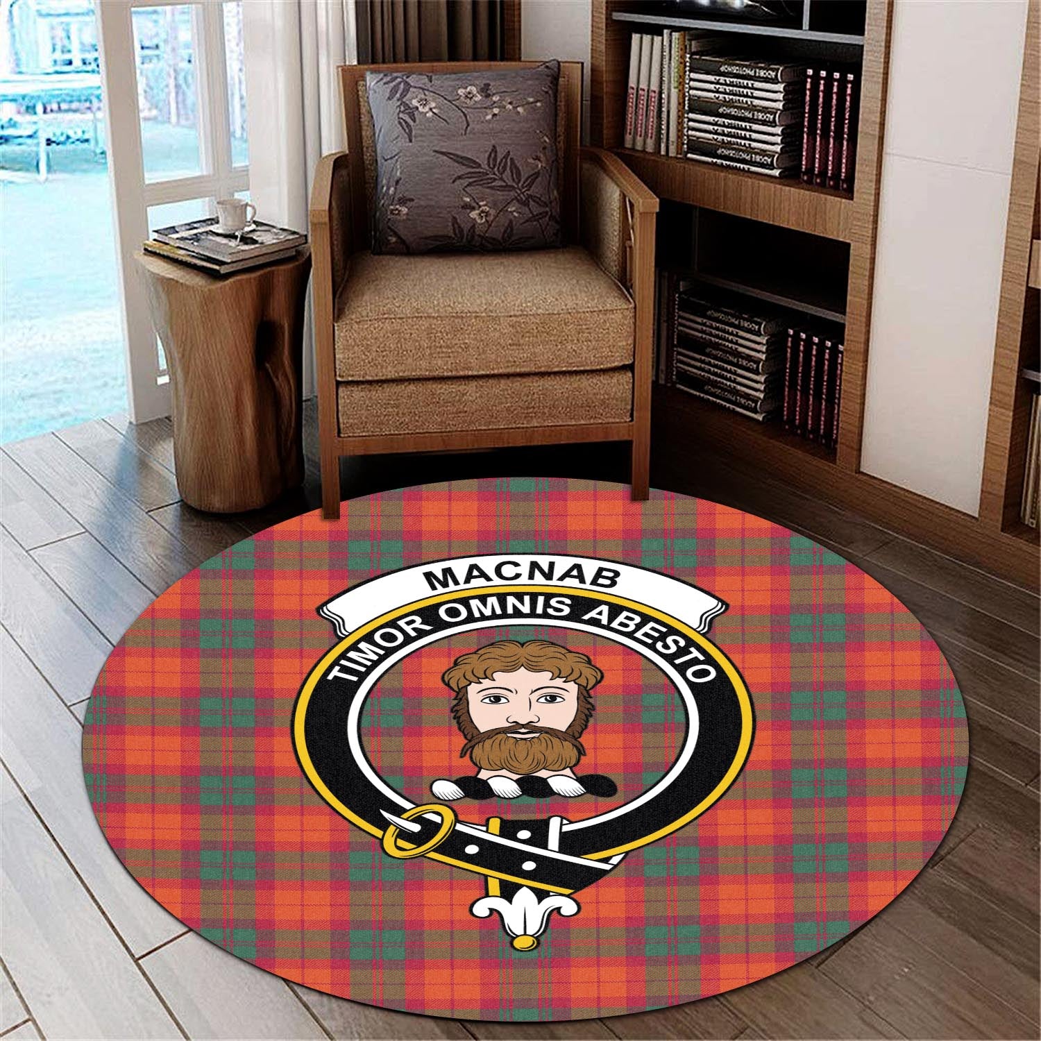 macnab-ancient-tartan-round-rug-with-family-crest