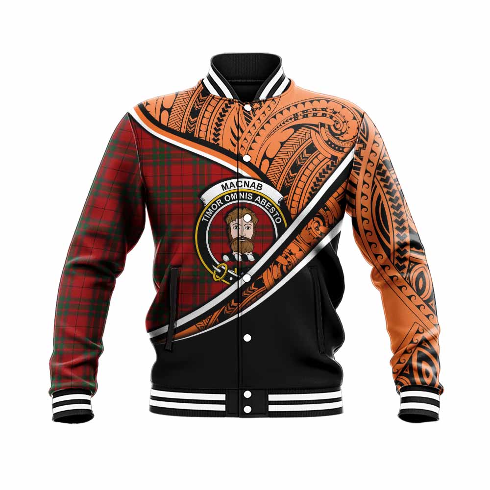 Tartan Vibes Clothing MacNab (McNab) Crest Tartan Baseball Jacket with Maori Tattoo Style - Orange Version