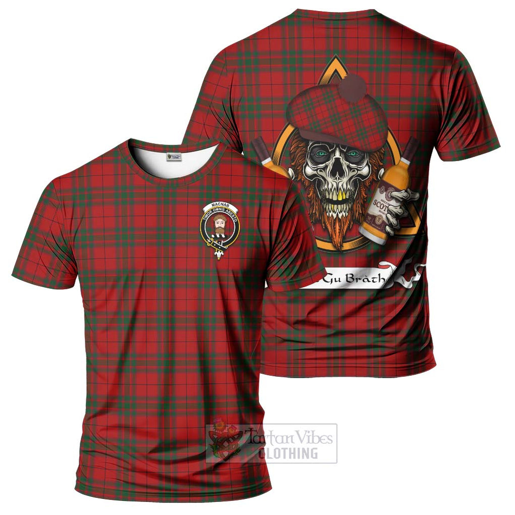 Tartan Vibes Clothing MacNab (McNab) Tartan T-Shirt with Family Crest and Bearded Skull Holding Bottles of Whiskey