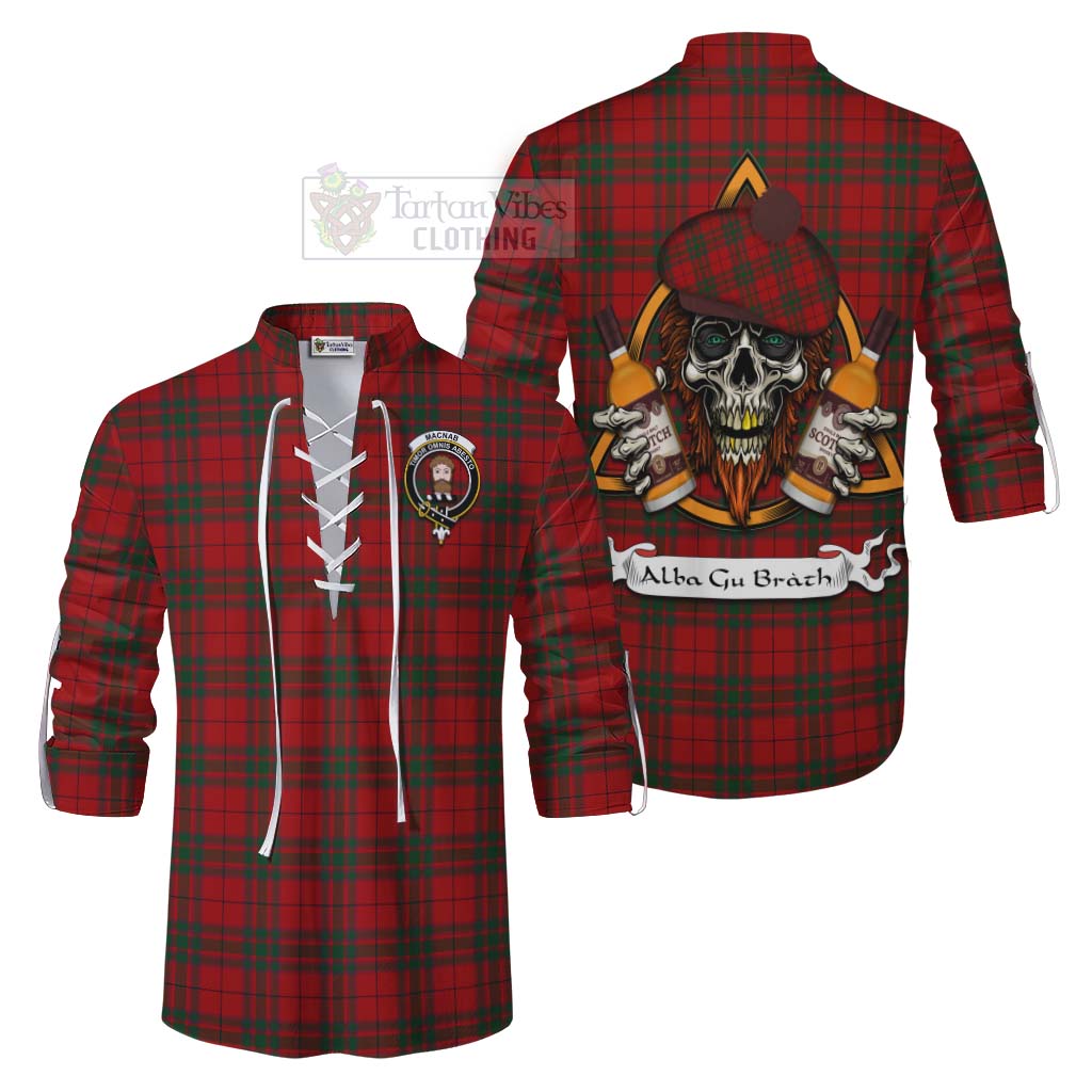 Tartan Vibes Clothing MacNab (McNab) Tartan Ghillie Kilt Shirt with Family Crest and Bearded Skull Holding Bottles of Whiskey