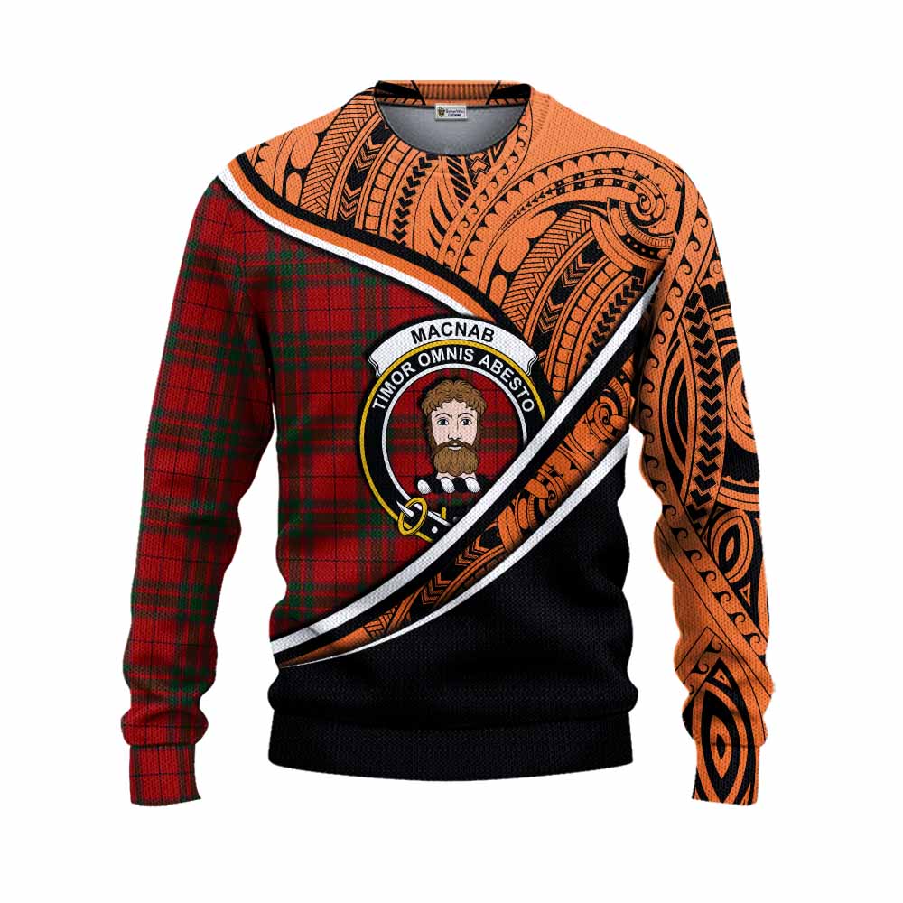 Tartan Vibes Clothing MacNab (McNab) Crest Tartan Knitted Sweater with Maori Tattoo Style - Orange Version