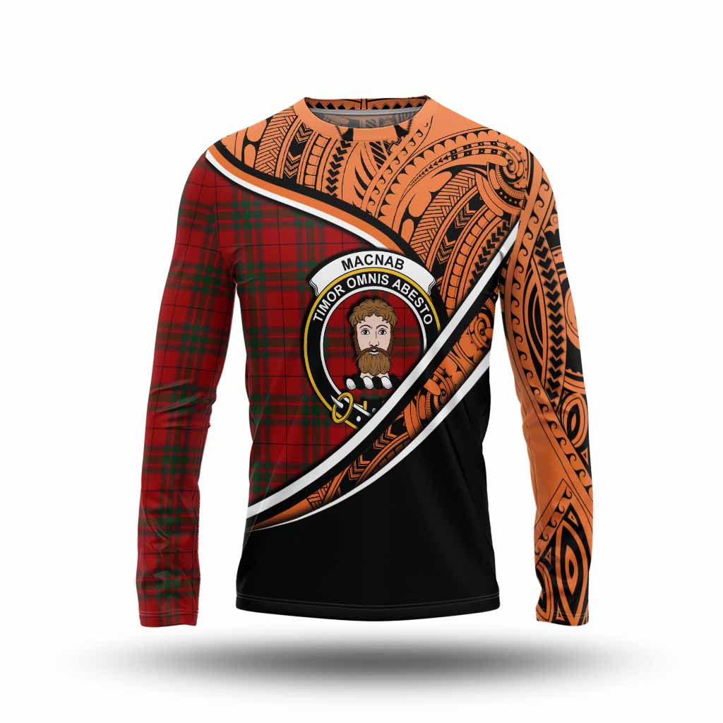 Tartan Vibes Clothing MacNab (McNab) Crest Tartan Long Sleeve T-Shirt with Maori Tattoo Style - Orange Version