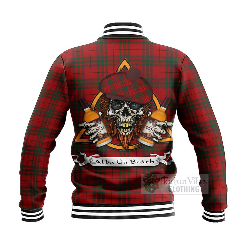 Tartan Vibes Clothing MacNab (McNab) Tartan Baseball Jacket with Family Crest and Bearded Skull Holding Bottles of Whiskey