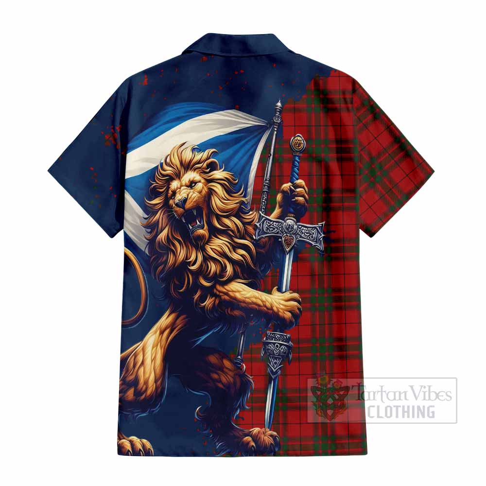 Tartan Vibes Clothing MacNab (McNab) Tartan Family Crest Short Sleeve Button Shirt with Scottish Majestic Lion