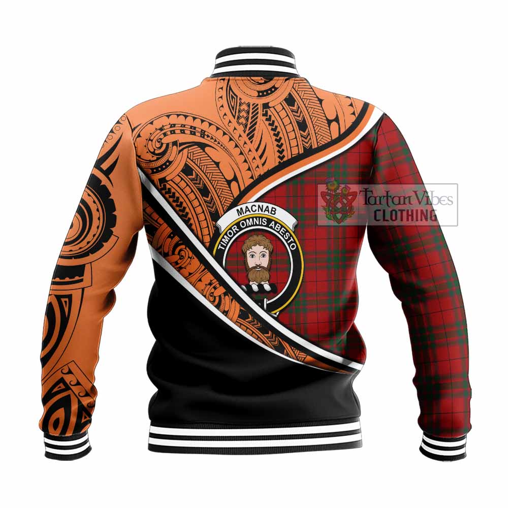 Tartan Vibes Clothing MacNab (McNab) Crest Tartan Baseball Jacket with Maori Tattoo Style - Orange Version