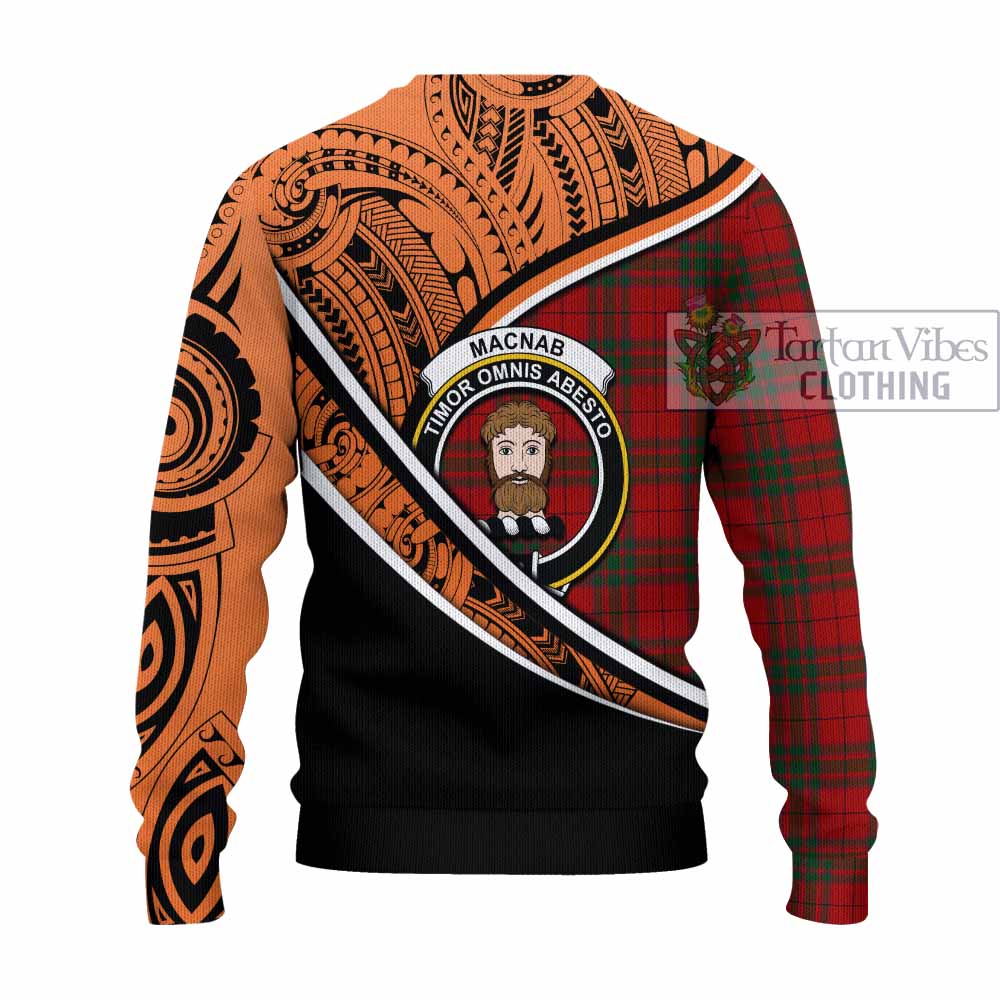 Tartan Vibes Clothing MacNab (McNab) Crest Tartan Knitted Sweater with Maori Tattoo Style - Orange Version