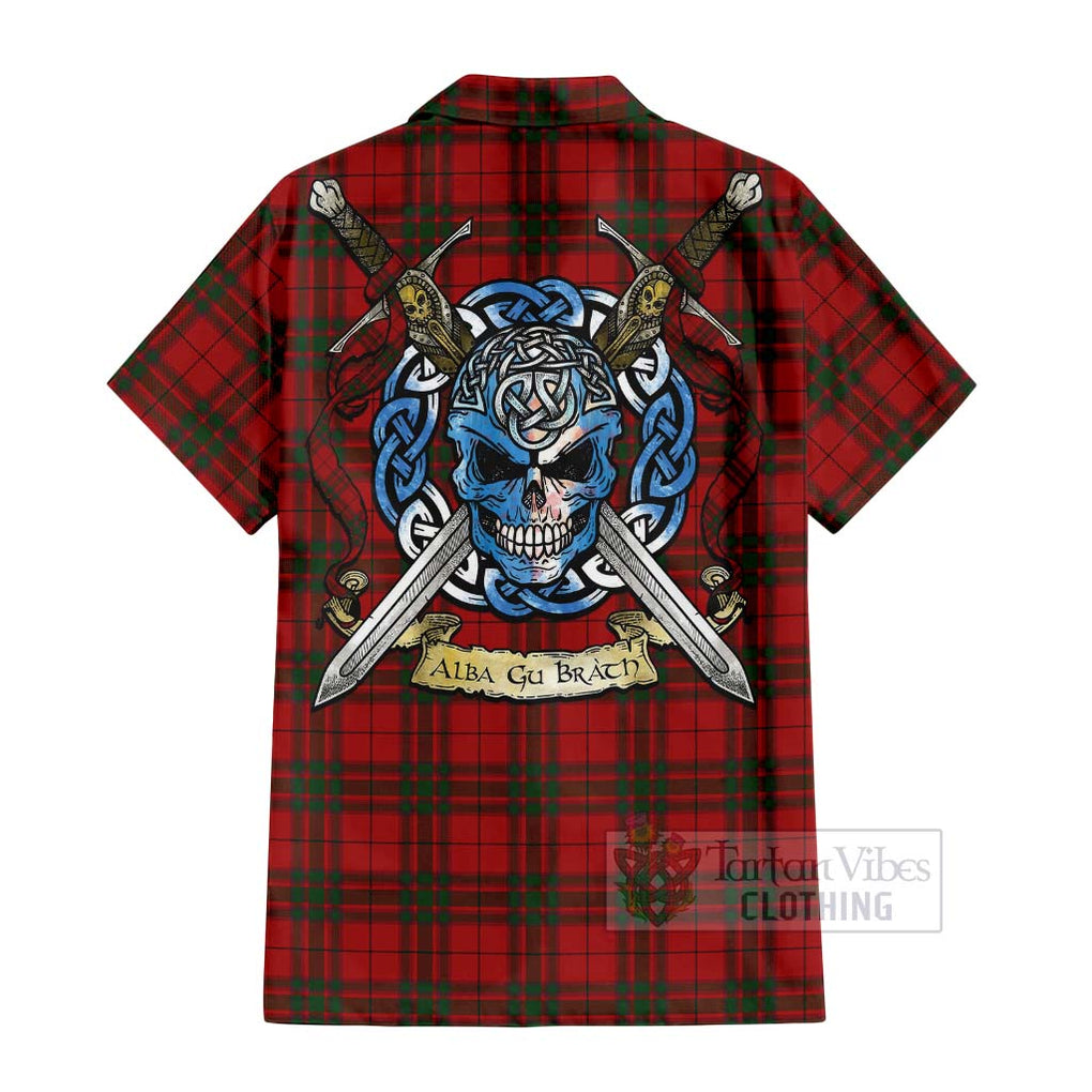 Tartan Vibes Clothing MacNab (McNab) Tartan Short Sleeve Button Shirt with Family Crest Celtic Skull Style