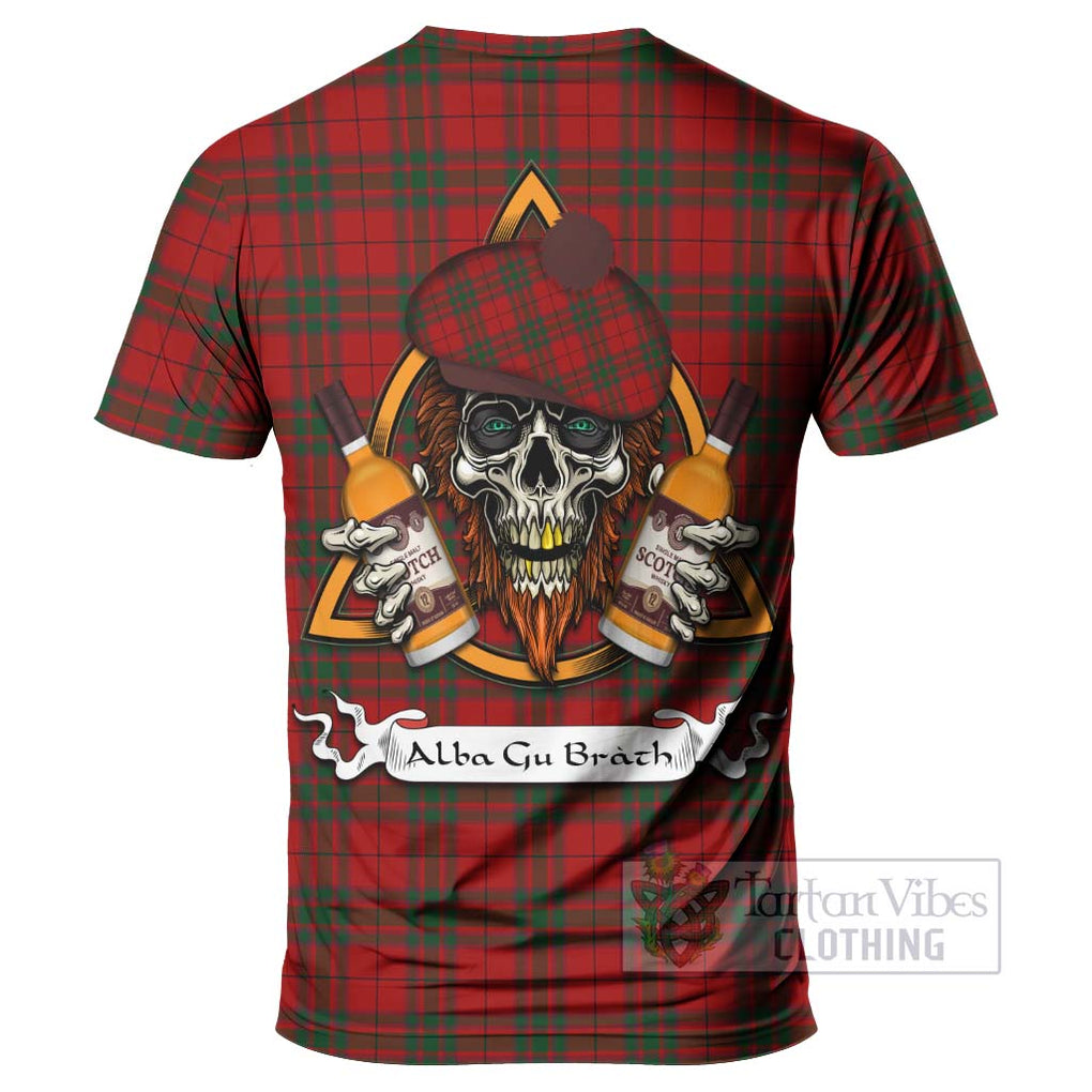 Tartan Vibes Clothing MacNab (McNab) Tartan T-Shirt with Family Crest and Bearded Skull Holding Bottles of Whiskey