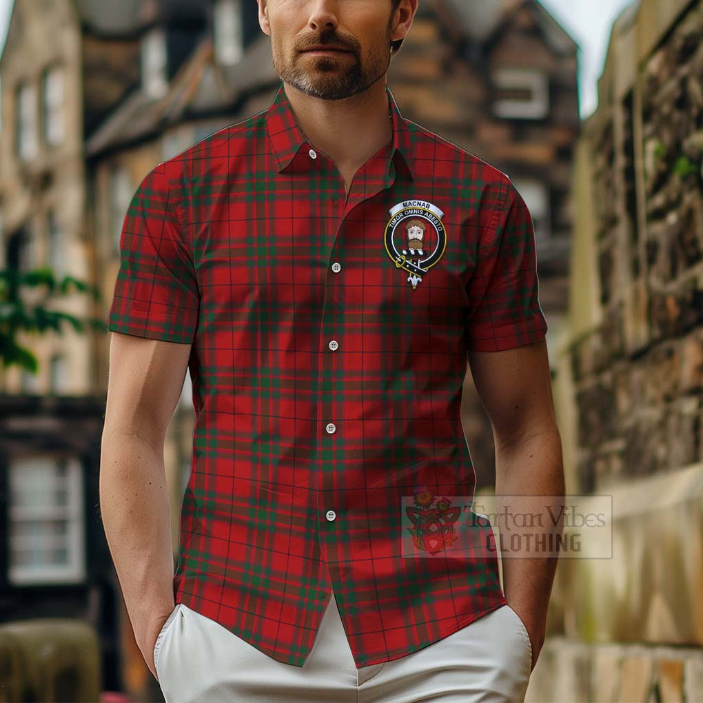 Tartan Vibes Clothing MacNab (McNab) Tartan Short Sleeve Button Shirt with Family Crest Celtic Skull Style