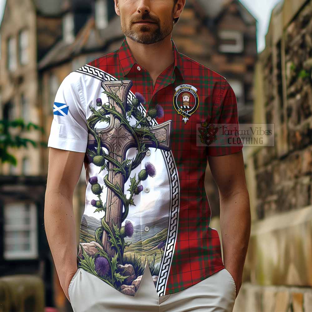 Tartan Vibes Clothing MacNab (McNab) Tartan Short Sleeve Button Shirt with Family Crest and St. Andrew's Cross Accented by Thistle Vines