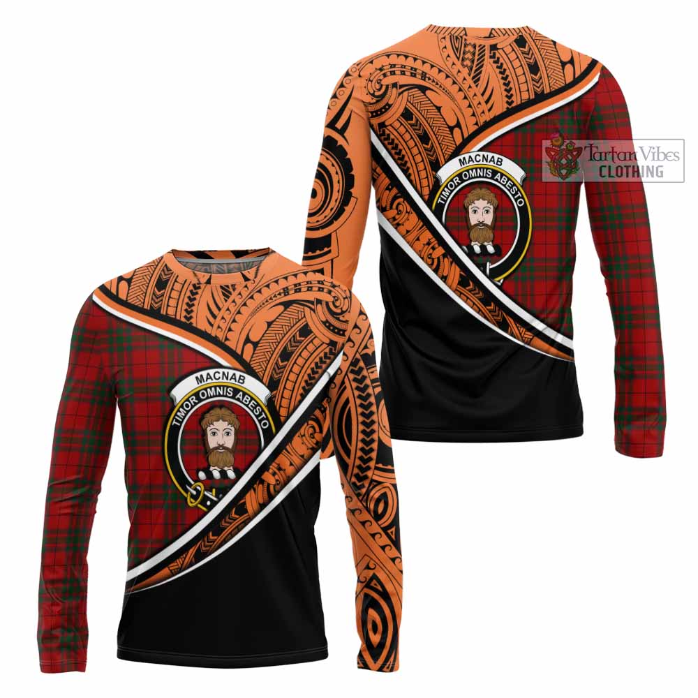 Tartan Vibes Clothing MacNab (McNab) Crest Tartan Long Sleeve T-Shirt with Maori Tattoo Style - Orange Version