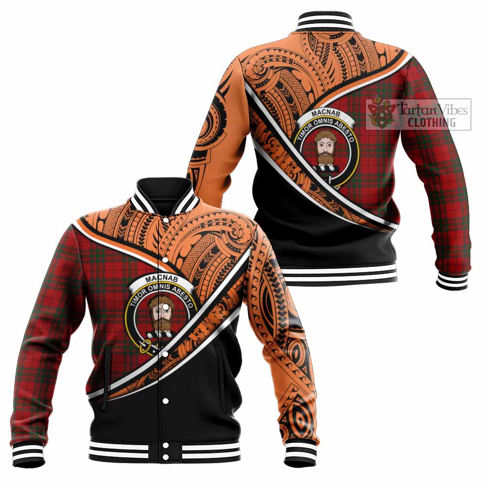 Tartan Vibes Clothing MacNab (McNab) Crest Tartan Baseball Jacket with Maori Tattoo Style - Orange Version